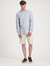 Multi-striped shirt in cool, lightweight linen is a wardrobe essential now.Point collarButton frontMitered button cuffsAbout 29 from shoulder to hemLinenHand wash or dry cleanImported Multi-striped shirt in cool, lightweight linen is a wardrobe essential now.Point collarButton frontMitered button cuffsAbout 29 from shoulder to hemLinenHand wash or dry cleanImported