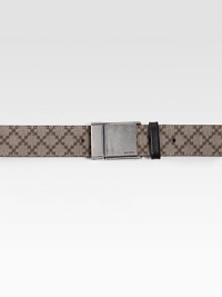 Diamante fabric with leather trim and rectangular buckle.Dark palladium hardwareAbout 1½ wideMade in Italy