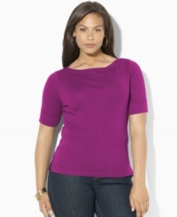 Lauren Ralph Lauren's chic boat neckline infuses the classic cotton jersey tee with breezy, relaxed style. Lauren Ralph Lauren's chic boat neckline infuses the classic cotton jersey tee with breezy, relaxed style.