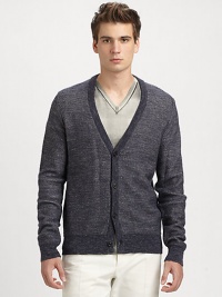 Texture-rich cardigan of sumptuous wool and linen mixes a slub-knit finish with contrasting bands at the collar, cuffs and hem.Button front52% wool/28% polyamide/20%linenDry cleanMade in Italy Texture-rich cardigan of sumptuous wool and linen mixes a slub-knit finish with contrasting bands at the collar, cuffs and hem.Button front52% wool/28% polyamide/20%linenDry cleanMade in Italy