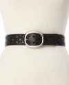 A little whimsical and a little Western. Floral perforations lend charm to this leather belt by Fossil.