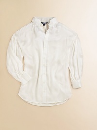 A preppy long-sleeved tunic is updated in a luxurious silk georgette and features billowing sleeves.Contrasting stand collarLong billowing sleeves with barrel cuffsButton-frontShirttail hemCotton slip liningSilkDry cleanImported Please note: Number of buttons may vary depending on size ordered. A preppy long-sleeved tunic is updated in a luxurious silk georgette and features billowing sleeves.Contrasting stand collarLong billowing sleeves with barrel cuffsButton-frontShirttail hemCotton slip liningSilkDry cleanImported Please note: Number of buttons may vary depending on size ordered.
