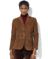 Exquisitely rendered in rich, supple suede, Lauren Jeans Co.'s tailored jacket is finished with classic details and clean lines for a chic, modern look. Exquisitely rendered in rich, supple suede, Lauren Jeans Co.'s tailored jacket is finished with classic details and clean lines for a chic, modern look.