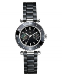 A sleek design with sporty functionality. This Gc Swiss Made Timepieces watch features a polished black high-tech ceramic bracelet with two side pushers. Stainless steel case with black ceramic bezel. Black enamel dial with logo, two mother-of-pearl subdials and silvertone roman numerals. Swiss multifunction movement. Swiss made. Water resistant to 100 meters. Ten-year limited warranty. Luxury Gc gift box packaging included. A sleek design with sporty functionality. This Gc Swiss Made Timepieces watch features a polished black high-tech ceramic bracelet with two side pushers. Stainless steel case with black ceramic bezel. Black enamel dial with logo, two mother-of-pearl subdials and silvertone roman numerals. Swiss multifunction movement. Swiss made. Water resistant to 100 meters. Ten-year limited warranty. Luxury Gc gift box packaging included.