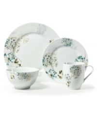Romance blossoms at tables of Silk Floral dinnerware. Modern, fuss-free porcelain from Mikasa's collection of place settings bears artsy garden blooms in teal and cream for a look of serene grace and femininity. Place setting shown with charger plate. Romance blossoms at tables of Silk Floral dinnerware. Modern, fuss-free porcelain from Mikasa's collection of place settings bears artsy garden blooms in teal and cream for a look of serene grace and femininity. Place setting shown with charger plate.