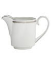 Fresh and cool in crisp white, the Silver Leaf creamer delivers modern style and iconic craftsmanship. Delicate feathered platinum applied using Wedgwood's signature technique shimmers with whimsy on sleek bone china.