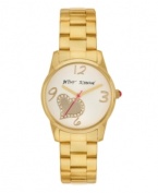 Sweet girls arrive on time! Watch by Betsey Johnson crafted of polished gold tone stainless steel bracelet and round case. White dial features applied gold tone numerals at twelve, three, six and nine o'clock, gold tone crystal-accented heart graphic, gold tone hour and minute hands, signature fuchsia second hand and logo. Quartz movement. Water resistant to 30 meters. Two-year limited warranty.