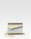 Textured metallic acrylic crafted in a chic flap design that can be worn along the shoulder or held as a clutch.Chain shoulder strap, 21½ dropFlap snap closureOne inside open pocketSatin lining6½W X 5H X 2DMade in Italy