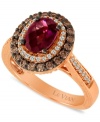 Rich autumn colors sparkle with utmost elegance in this fine Le Vian 14k rose gold ring. With oval-cut raspberry rhodolite (1-1/2 ct. t.w.), round-cut chocolate diamonds (3/5 ct. t.w.) and white diamond accents. Size 7.