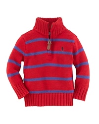 A handsome striped sweater is rendered in soft French-rib cotton with a half-zip mockneck for versatile styling. A handsome striped sweater is rendered in soft French-rib cotton with a half-zip mockneck for versatile styling.
