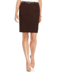 Jones New York Signature's slim pencil skirt stays tailored with a removable braided belt. Pair it with heels for work or with sandals for the weekend! Jones New York Signature's slim pencil skirt stays tailored with a removable braided belt. Pair it with heels for work or with sandals for the weekend!