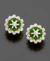 A modern take on a vintage-inspired style: round-cut emeralds (1/3 ct. t.w.) and round-cut diamonds (1/10 ct. t.w.) perfectly meld for a vibrant but delicate look. Set in 14k gold button earrings.