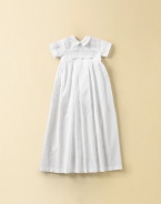 Perfect for this special day, a collared christening gown with smocking and button detail. Comes with matching hat Detachable pleated gown Pleated legs on suit Back button closure Cotton; dry clean Imported FIT RECOMMENDATION: Please note that this style runs small.