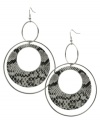 Ravishingly reptilian. These double ring hoop earrings from GUESS take an exotic turn with black and white python print at the inner pendant. Crafted in imitation rhodium-plated mixed metal. Approximate drop: 3-1/4 inches. Approximate diameter: 2-1/4 inches.