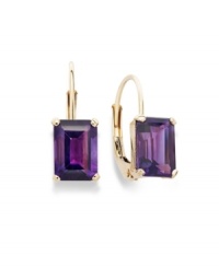Perfection in purple. Add a vibrant pop of color to your look with emerald-cut amethyst (1-1/3 ct. t.w.) set in luminous 14k gold. Approximate drop: 1/2 inch. Perfection in purple. Add a vibrant pop of color to your look with emerald-cut amethyst (1-1/3 ct. t.w.) set in luminous 14k gold. Approximate drop: 1/2 inch.