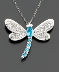 Create a buzz with this sensational round-cut blue topaz (1/3 ct. t.w.) and diamond-accented dragonfly pendant set in 14k white gold. Chain measures 18 inches; drop measures approximately 1 inch. Create a buzz with this sensational round-cut blue topaz (1/3 ct. t.w.) and diamond-accented dragonfly pendant set in 14k white gold. Chain measures 18 inches; drop measures approximately 1 inch.
