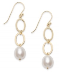 Crazy for shapes. These chic oval drop earrings are crafted in 14k gold with a refined cultured freshwater pearl drop at the bottom (9 mm). Approximate drop: 2 inches. Crazy for shapes. These chic oval drop earrings are crafted in 14k gold with a refined cultured freshwater pearl drop at the bottom (9 mm). Approximate drop: 2 inches.