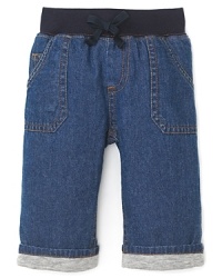 Kitestrings By Hartstrings updates the classic jean for your pre-walker with a comfy elastic waistband and cute cuffs with heathered cotton lining. Kitestrings By Hartstrings updates the classic jean for your pre-walker with a comfy elastic waistband and cute cuffs with heathered cotton lining.