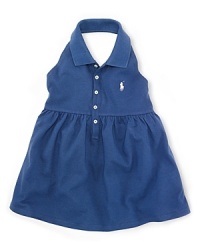 The classic cotton-mesh polo is given a pretty warm-weather look in a sleeveless halter silhouette with smocked detailing. The classic cotton-mesh polo is given a pretty warm-weather look in a sleeveless halter silhouette with smocked detailing.