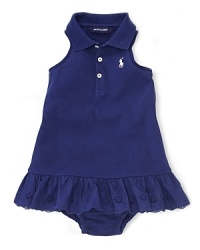 The classic cotton mesh polo dress is given a sweet warm-weather look in a sleeveless silhouette with a cute eyelet skirt.Ribbed polo collar. The classic cotton mesh polo dress is given a sweet warm-weather look in a sleeveless silhouette with a cute eyelet skirt.Ribbed polo collar.