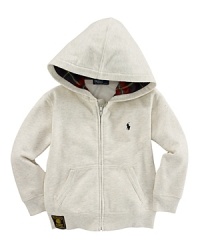 A Fleece Full-Zip Hoodie features signature details and plaid lining for heritage style. A Fleece Full-Zip Hoodie features signature details and plaid lining for heritage style.