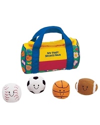 Gund My First Sports Bag. Your precious little one's favorite plush duffel bag holds assorted plush balls. The baseball crinkles, the basketball rattles, the soccer ball boings, and the football squeaks. All sport smiley faces. Gund My First Sports Bag. Your precious little one's favorite plush duffel bag holds assorted plush balls. The baseball crinkles, the basketball rattles, the soccer ball boings, and the football squeaks. All sport smiley faces.