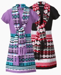 Because she already loves to accessorize, Planet Gold designs an easy-to-wear sweater dress with the fun of a matching scarf. Because she already loves to accessorize, Planet Gold designs an easy-to-wear sweater dress with the fun of a matching scarf.