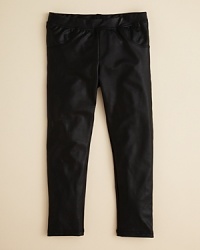Sofi's edgy faux leather leggings tap into a versatile rock 'n roll look that can go from glam to tame with the switch of her top. Sofi's edgy faux leather leggings tap into a versatile rock 'n roll look that can go from glam to tame with the switch of her top.