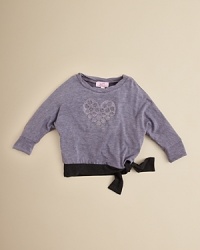 Boasting rhinestone hearts, a banded waist that ties at the side and a twisted crew neckline, we're falling for Sofi's 80s-inspired sweatshirt look. Boasting rhinestone hearts, a banded waist that ties at the side and a twisted crew neckline, we're falling for Sofi's 80s-inspired sweatshirt look.