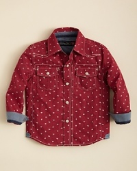 With a western-inspired silhouette and allover floral dot pattern, this cool button down from Sovereign Code will take your little guy to new, stylish horizons. With a western-inspired silhouette and allover floral dot pattern, this cool button down from Sovereign Code will take your little guy to new, stylish horizons.