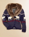 A stylish shawl-collar cardigan is rendered in a hearty Fair Isle knit moose design and accented with a plush faux-fur collar for added warmth and a cozy feel.Oversized faux-fur collarLong sleeves with ribbed cuffsSingle toggle closureCurved hemCotton/WoolDry cleanImported Please note: Number of buttons may vary depending on size ordered. 