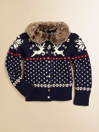 A charming cardigan in a soft blend of plush yarns captures the spirit of the season with a classic intarsia-knit reindeer design and faux-fur collar.Faux fur crewneckLong sleevesButton-frontCottonHand washImported Please note: Number of buttons may vary depending on size ordered. A charming cardigan in a soft blend of plush yarns captures the spirit of the season with a classic intarsia-knit reindeer design and faux-fur collar.Faux fur crewneckLong sleevesButton-frontCottonHand washImported Please note: Number of buttons may vary depending on size ordered.