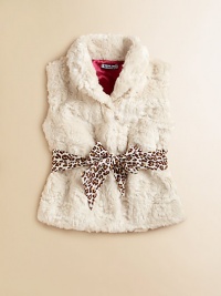 Fluffy faux fur is soft and cozy in this adorable vest with an animal-spot tie sash.Shawl collarHook-and-eye closePrint sashSatin liningAcrylicDry cleanImported Fluffy faux fur is soft and cozy in this adorable vest with an animal-spot tie sash.Shawl collarHook-and-eye closePrint sashSatin liningAcrylicDry cleanImported
