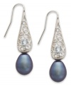 Resplendent in blue. Sterling-silver drop earrings exude style with black cultured freshwater pearls (8-9 mm) and round-cut blue topaz stones (1/6 ct. t.w.). Approximate drop: 1-1/2 inches.