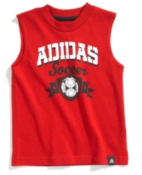 Score some points! He'll be on his way to being a sports star in this shirt from adidas. Score some points! He'll be on his way to being a sports star in this shirt from adidas.
