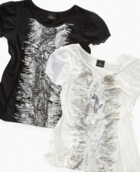 Lightweight chiffon sleeves on this sequin shirt from Baby Phat give her look a sweet, breezy style. Lightweight chiffon sleeves on this sequin shirt from Baby Phat give her look a sweet, breezy style.