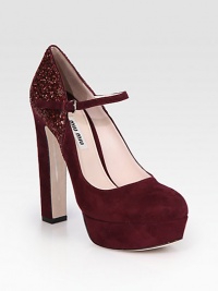Turn heads with this signature Mary Jane platform silhouette of rich suede with an unexpected glitter-coated back. Self-covered heel, 5½ (140mm)Covered platform, 1¼ (30mm)Compares to a 4¼ heel (110mm)Suede upper with glitter-coated backAdjustable ankle strapLeather lining and solePadded insoleMade in ItalyOUR FIT MODEL RECOMMENDS ordering one half size up as this style runs small. Turn heads with this signature Mary Jane platform silhouette of rich suede with an unexpected glitter-coated back. Self-covered heel, 5½ (140mm)Covered platform, 1¼ (30mm)Compares to a 4¼ heel (110mm)Suede upper with glitter-coated backAdjustable ankle strapLeather lining and solePadded insoleMade in ItalyOUR FIT MODEL RECOMMENDS ordering one half size up as this style runs small.