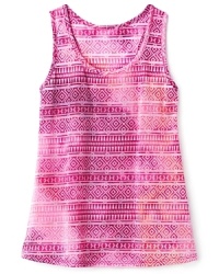 Aqua's racerback tee makes a bold statement with a Southwestern-inspired print in bold pinks, distressed and bled slightly with bleach treatments. Aqua's racerback tee makes a bold statement with a Southwestern-inspired print in bold pinks, distressed and bled slightly with bleach treatments.
