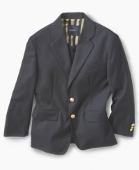 Get down to brass tacks with this simply classic blazer from Nautica in stylish stretch microfiber. Get down to brass tacks with this simply classic blazer from Nautica in stylish stretch microfiber.
