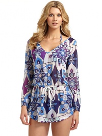 THE LOOKFloral paisley printV-neckLong, slight bell sleevesDrawstring front at dropped waistTHE FITAbout 29 from shoulder to hemTHE MATERIAL80% nylon/20% spandexCARE & ORIGINDry cleanMade in USAModel shown is 5'10 (177cm) wearing US size Small. THE LOOKFloral paisley printV-neckLong, slight bell sleevesDrawstring front at dropped waistTHE FITAbout 29 from shoulder to hemTHE MATERIAL80% nylon/20% spandexCARE & ORIGINDry cleanMade in USAModel shown is 5'10 (177cm) wearing US size Small.