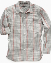 Fashionably trendy. The contrast stripes adds a striking edge to this shirt by DKNY. Fashionably trendy. The contrast stripes adds a striking edge to this shirt by DKNY.