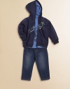 When your little guy is ready to creep and crawl or go out for a stroll, these three easy pieces will keep pace with his energy and brighten up his look.Zip-front hoodie has abstract train track screen, long sleeves, ribbed trim and nylon sleeve insetsLong-sleeve tee has ribbed crewneck, back snap close and train track screenSoftened jeans have back elasticized waist, scoop pockets