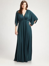 A hint of stretch ensures this modal dress offers the best fit ever. Thanks to an elongated silhouette, plunging neckline and Empire waist, it also happens to offer a perfectly sultry look.V-neckFlutter sleevesPull-on styleSelf-tie detail at Empire waistAbout 63 from natural waist92% modal/8% spandexDry cleanMade in USA A hint of stretch ensures this modal dress offers the best fit ever. Thanks to an elongated silhouette, plunging neckline and Empire waist, it also happens to offer a perfectly sultry look.V-neckFlutter sleevesPull-on styleSelf-tie detail at Empire waistAbout 63 from natural waist92% modal/8% spandexDry cleanMade in USA
