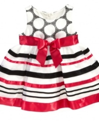 Lovely and festive sleeveless dress with an abundance of circles and bold bright stripes by Bonnie Baby. Lovely and festive sleeveless dress with an abundance of circles and bold bright stripes by Bonnie Baby.