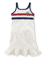 In celebration of Team USA's participation in the 2012 Olympics, a sporty ruffled dress features red, white and blue stripes and an embroidered flag patch for heritage flair. In celebration of Team USA's participation in the 2012 Olympics, a sporty ruffled dress features red, white and blue stripes and an embroidered flag patch for heritage flair.