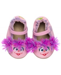 Abby Cadabby®, the adorable fairy-in-training from Sesame Street, would like to grant your baby girl the gift of a magical mary jane. This special leather soft sole will provide a non-slip grip with a suede outsole, a secure fit with an elasticized back and mary jane strap, and for entertainment there are playful yarn poms poms on the upper. Abby Cadabby®, the adorable fairy-in-training from Sesame Street, would like to grant your baby girl the gift of a magical mary jane. This special leather soft sole will provide a non-slip grip with a suede outsole, a secure fit with an elasticized back and mary jane strap, and for entertainment there are playful yarn poms poms on the upper.