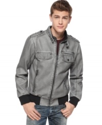 Inspired by the classic edge of rebellious looks, this lightweight moto jacket from Guess adds vintage-inspired charm to any casual combination. Inspired by the classic edge of rebellious looks, this lightweight moto jacket from Guess adds vintage-inspired charm to any casual combination.