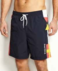 Capture the flag! Get into the fun of playing in the sun with these flag swim trunks from Nautica. Capture the flag! Get into the fun of playing in the sun with these flag swim trunks from Nautica.