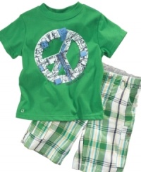Peace maker. His laid-back nature will shine through in this t-shirt and cargo-short set from Kenneth Cole. Peace maker. His laid-back nature will shine through in this t-shirt and cargo-short set from Kenneth Cole.
