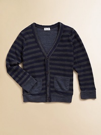 A handsome, striped cardigan with patch pockets in a v-neck silhouette for sophisticated style.V-neckLong sleevesButton-frontPatch pocketsRibbed cuffs and hem75% cotton/25% polyesterMachine washImported Please note: Number of buttons may vary depending on size ordered. A handsome, striped cardigan with patch pockets in a v-neck silhouette for sophisticated style.V-neckLong sleevesButton-frontPatch pocketsRibbed cuffs and hem75% cotton/25% polyesterMachine washImported Please note: Number of buttons may vary depending on size ordered.